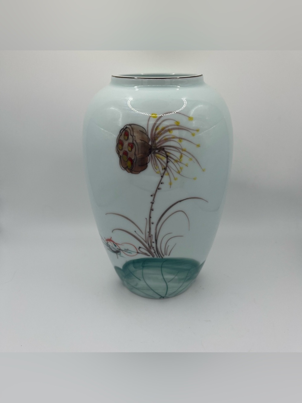 Vintage Japanese Porcelain Hand Painted Lotus White Ceramic Vase